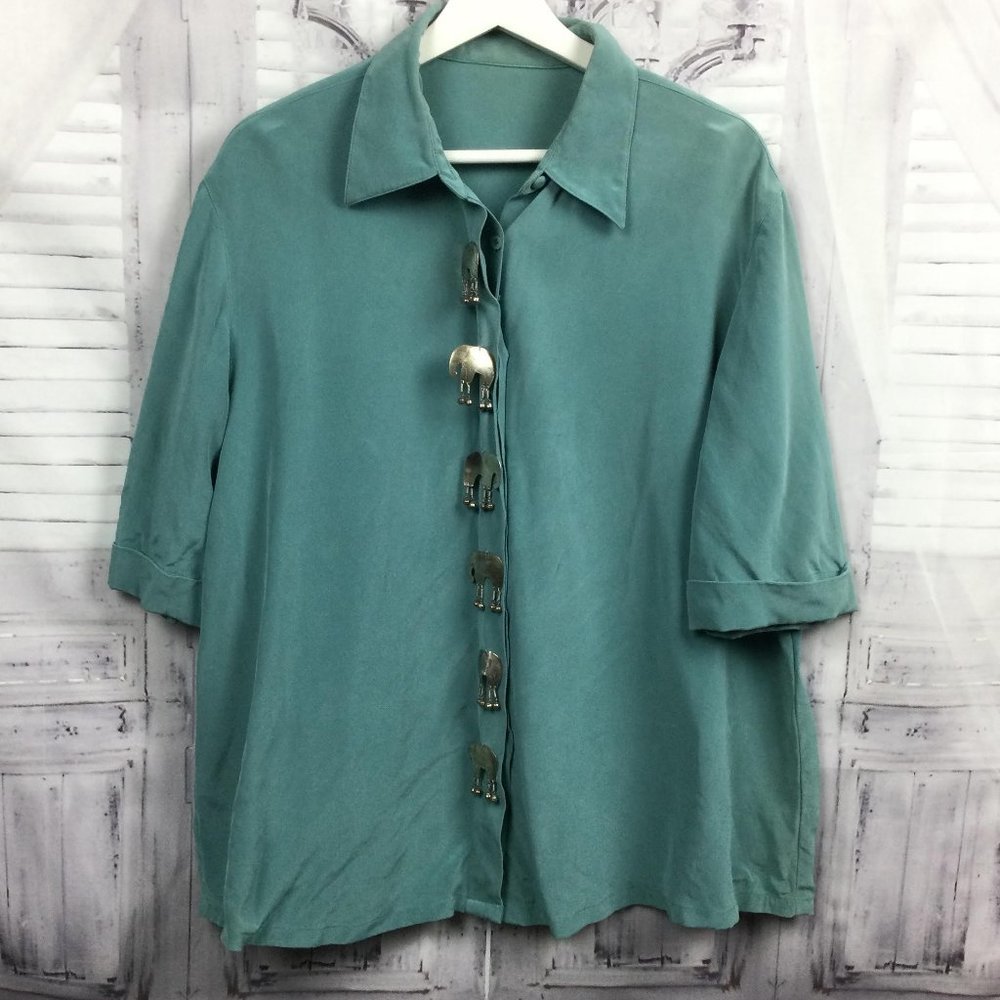 Teal Silk Button Top w/ Silver Elephant Bell Decor Front